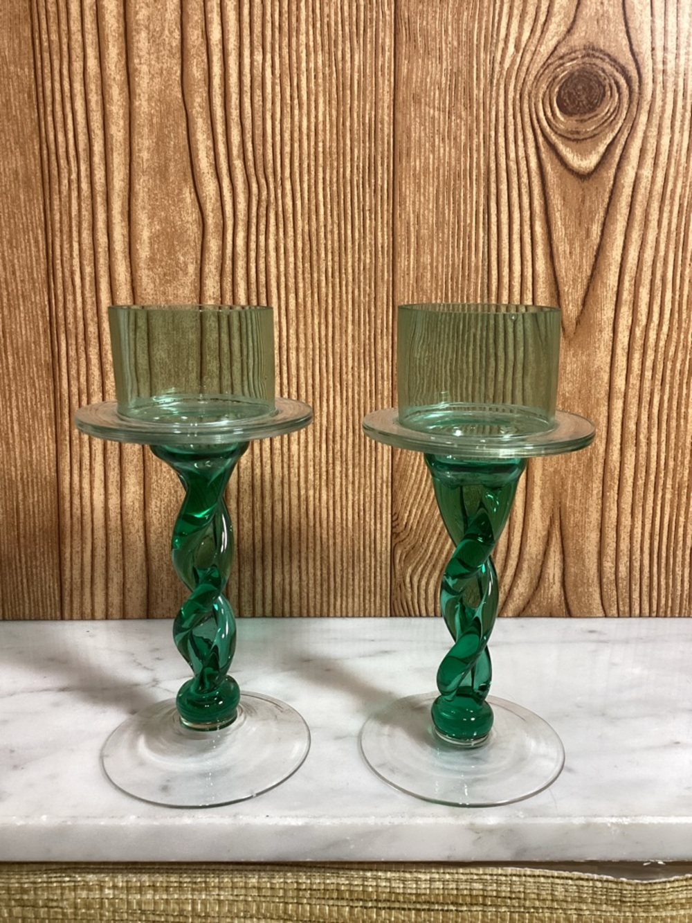 Pair of Twisted Stem Green Glass Candle Holders